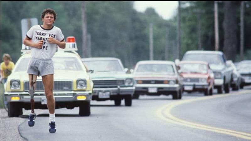 Terry Fox running the Marathon of Hope in 1980